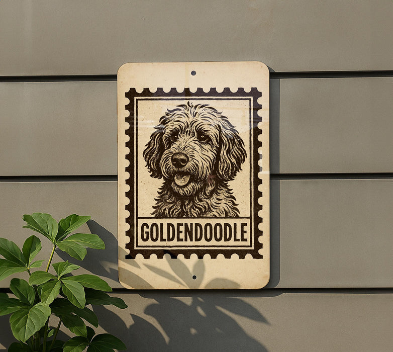 A sign featuring a dog's head and the word "GOLDEN doodle" printed on it.
