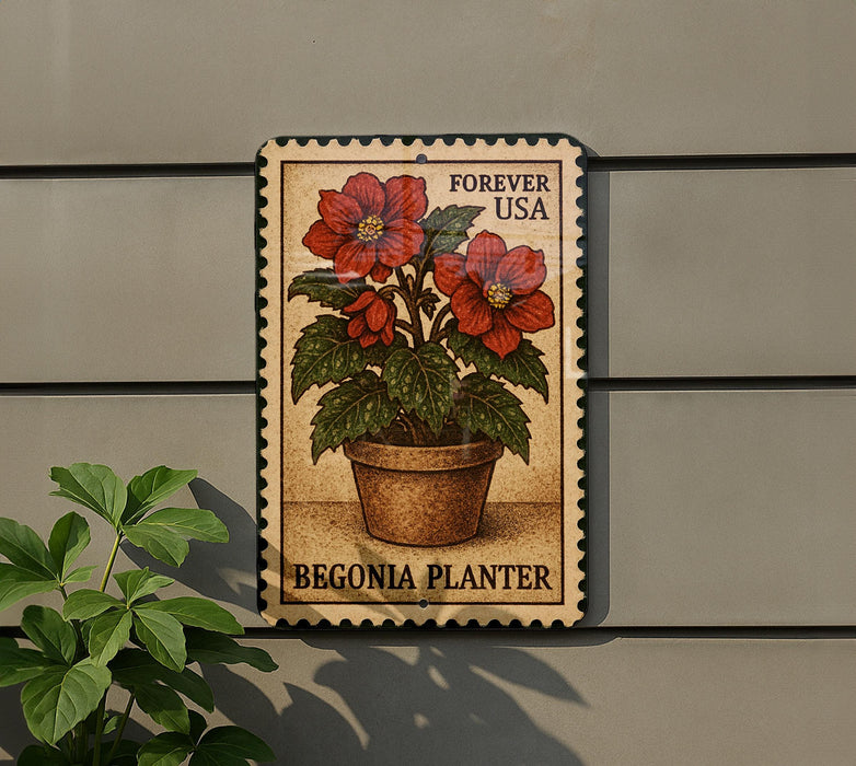 A postage stamp featuring a potted begonia plant, with the text "Forever USA" and "Begonia Planter" printed on it.