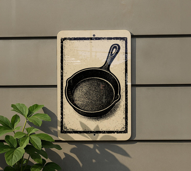 a sign with a black and white illustration of a frying pan on it, mounted on a wall.