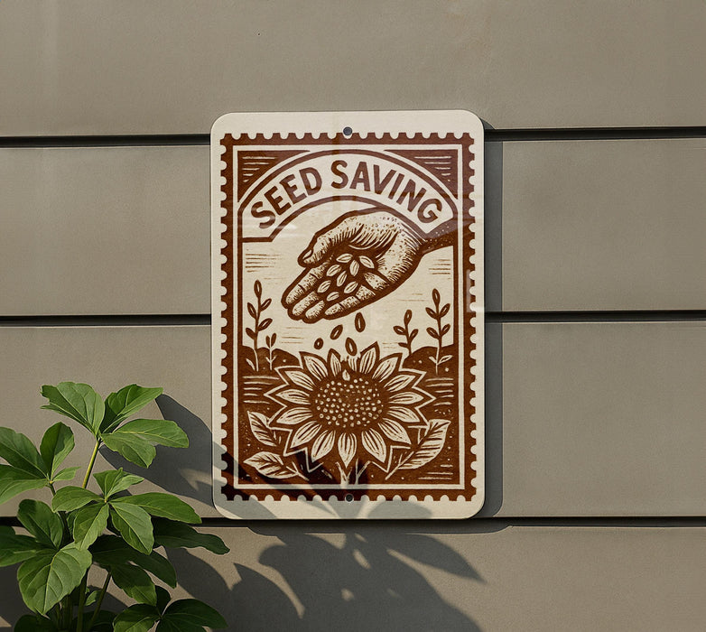 a sign with a hand holding a bunch of seeds, surrounded by a sunflower and other plants, mounted on a wall.
