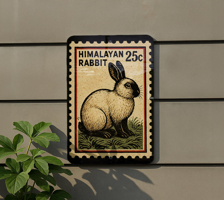 A postage stamp featuring a rabbit, with the text "HIMALAYAN 25C RABBIT" printed on it.