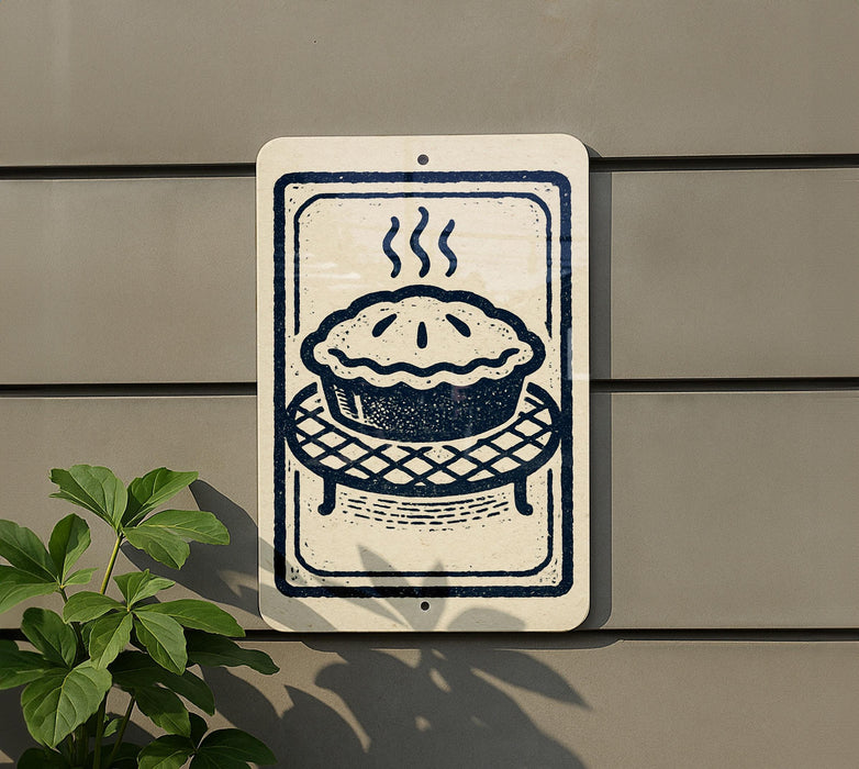 a sign with a pie illustration on it, mounted on a wall next to a plant.