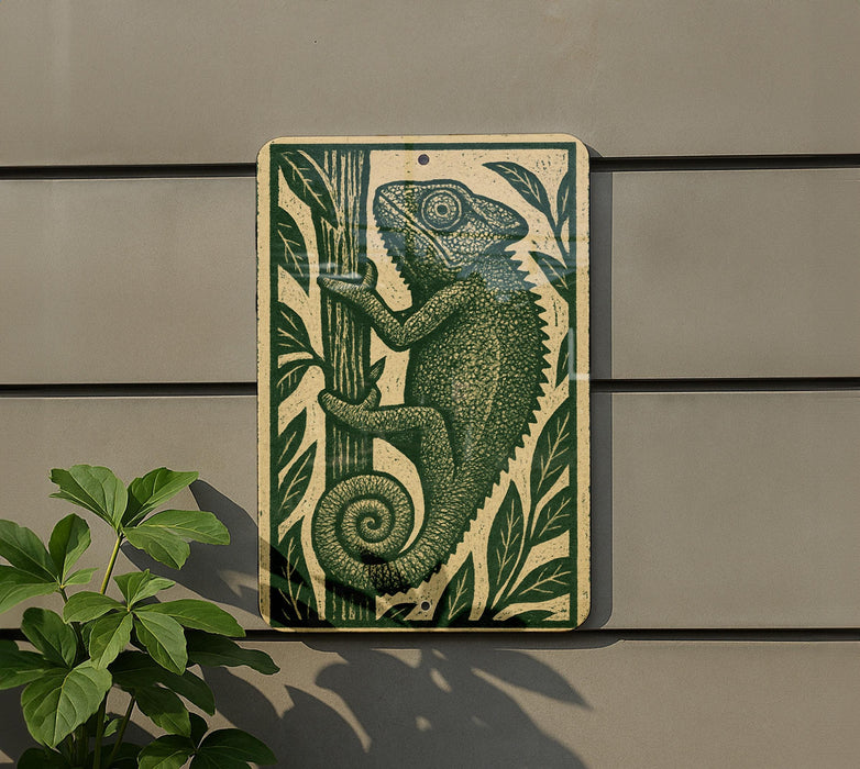 a chameleon, a type of lizard, on a wall.