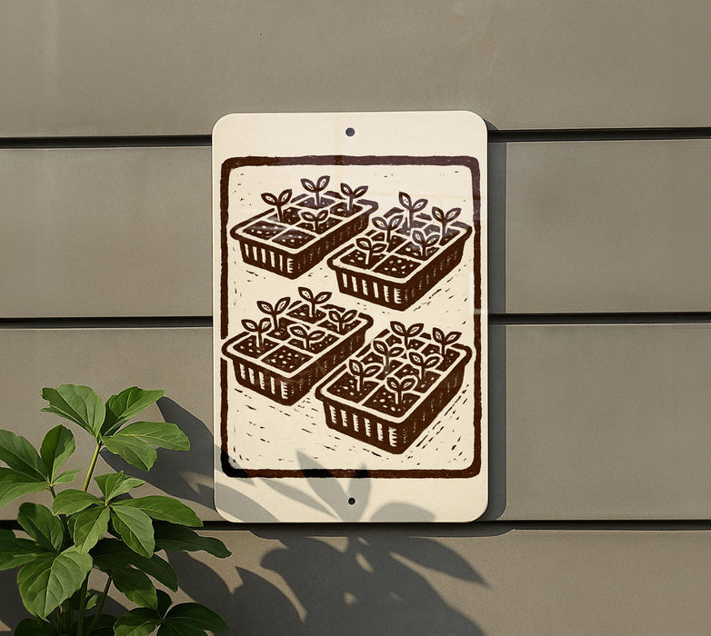 A sign with a plant illustration on it is mounted on a wall, with a plant visible to the left side of the image.