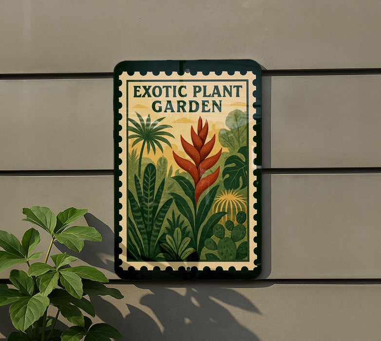 a sign for an "Exotic Plant Garden" with a tropical plant illustration, hanging on a wall next to a plant.