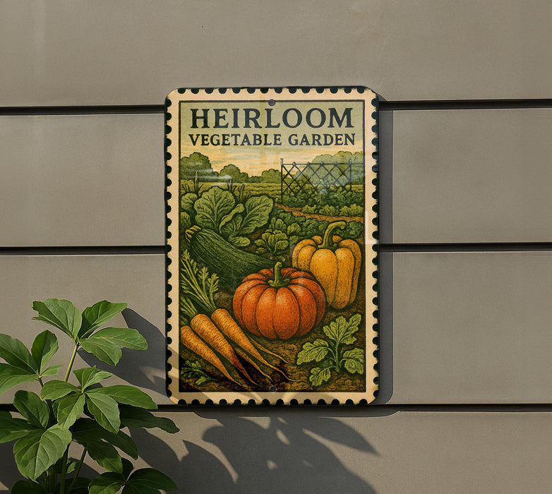 A vintage-style metal sign with illustrations of various vegetables, including carrots, peppers, and leafy greens, mounted on a wall.
