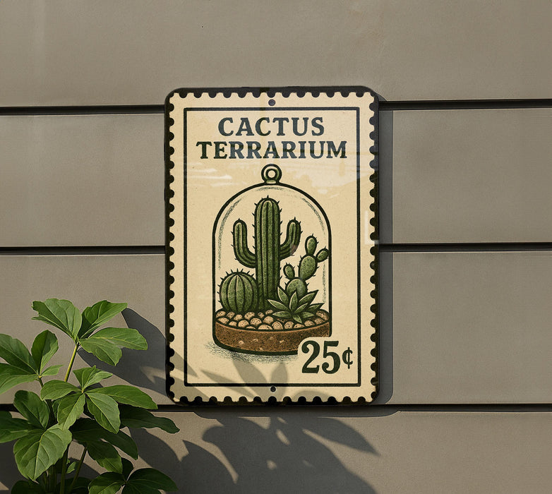 A sign for the Cactus Terrarium, featuring a cactus plant inside a glass dome, mounted on a wall.