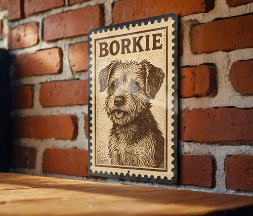 A vintage-style metal sign featuring a dog's portrait is mounted on a brick wall.