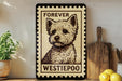 A framed poster of a Westie poo dog, with the text "Forever Westie poo" on it, is displayed on a shelf next to a wooden cutting board and some potted plants.