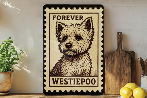 A framed poster of a Westie poo dog, with the text "Forever Westie poo" on it, is displayed on a shelf next to a wooden cutting board and some potted plants.