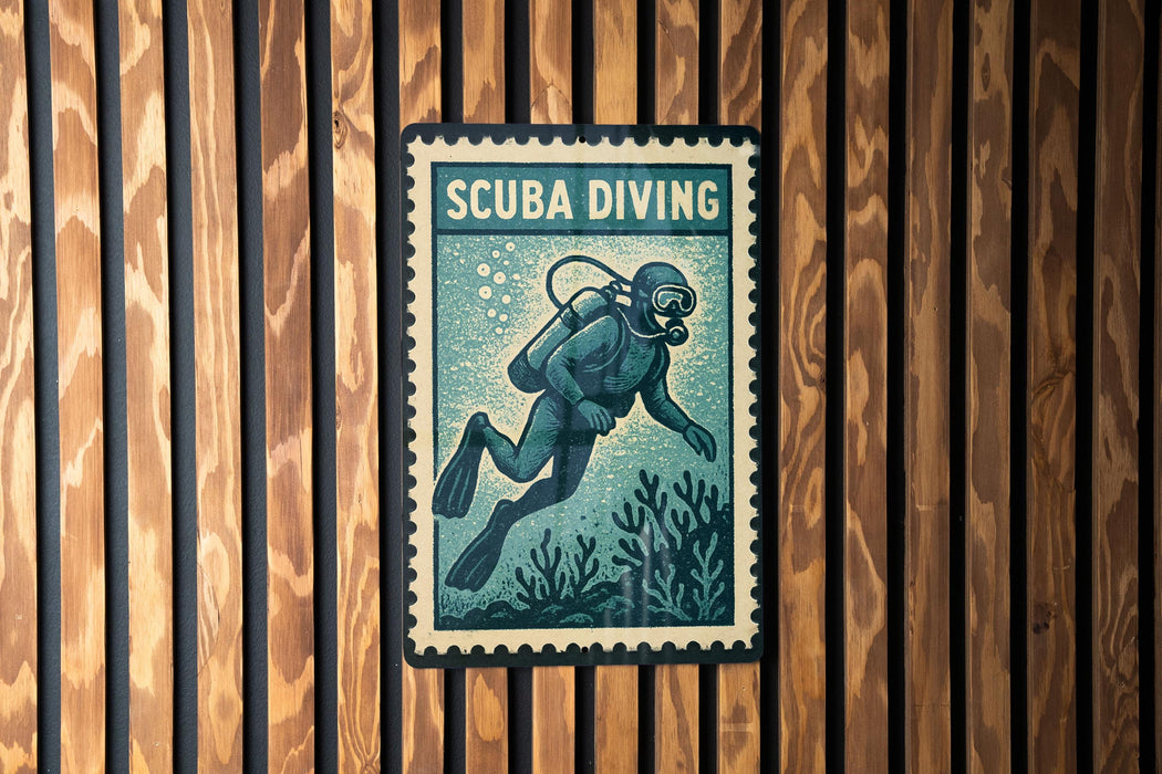 A vintage-style diving stamp is displayed on a wooden wall, featuring a scuba diver exploring underwater.