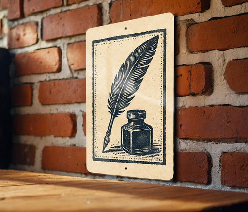 a sign with a black and white illustration of a feather pen and inkwell, mounted on a brick wall.