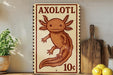 a vintage-style sign with an illustration of an axolotl, a type of salamander, and the price of 10 cents.