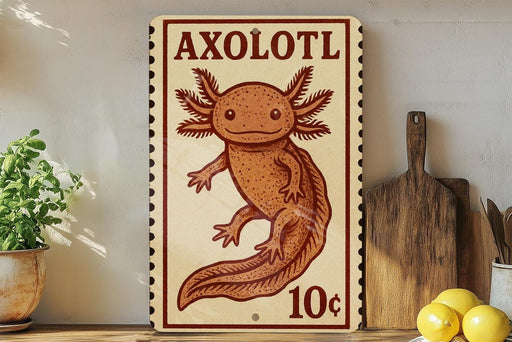 a vintage-style sign with an illustration of an axolotl, a type of salamander, and the price of 10 cents.