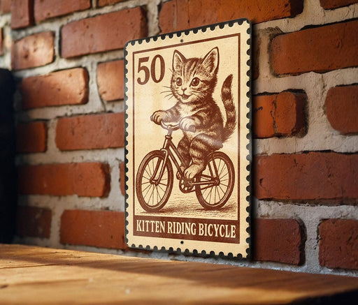 A metal sign featuring a cartoon image of a kitten riding a bicycle, mounted on a brick wall.