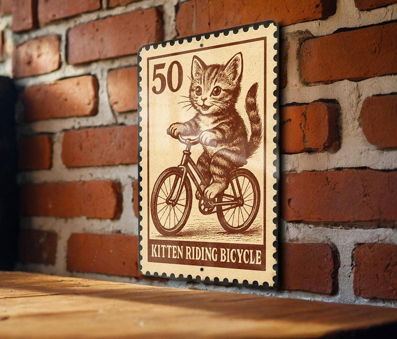A metal sign featuring a cartoon image of a kitten riding a bicycle, mounted on a brick wall.