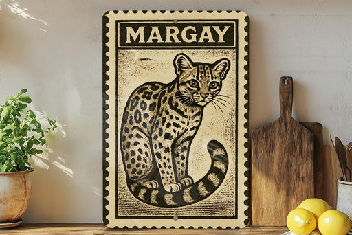a framed illustration of a leopard cat, with a wooden cutting board and a potted plant in the background.