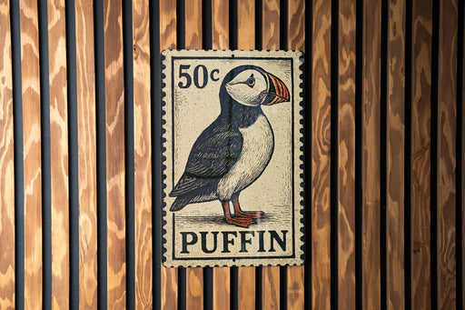 A 50 cent postage stamp featuring a puffin bird is displayed on a wooden wall.