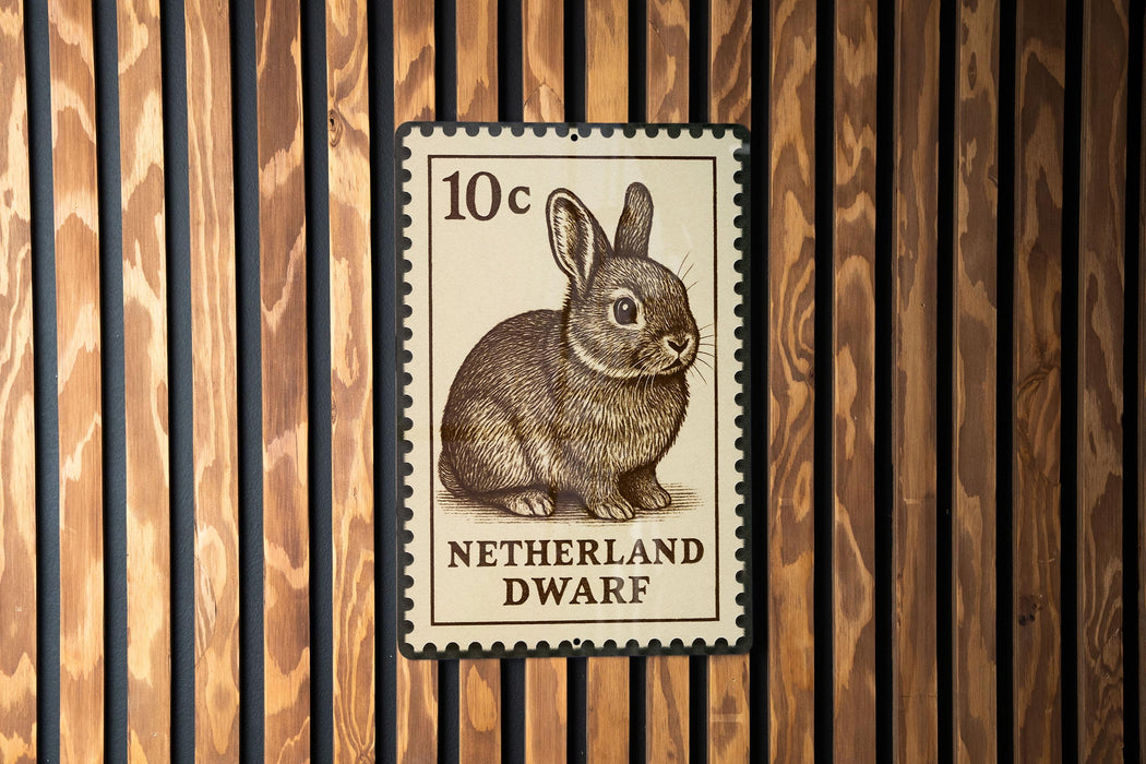 A 10 cent postage stamp from the Netherlands, featuring a rabbit, is displayed on a wooden wall.
