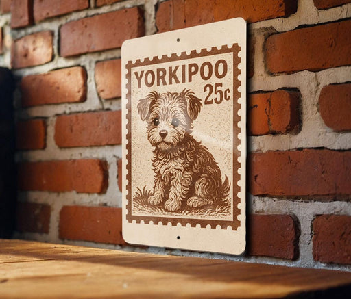 A sign featuring a small dog illustration, mounted on a brick wall.