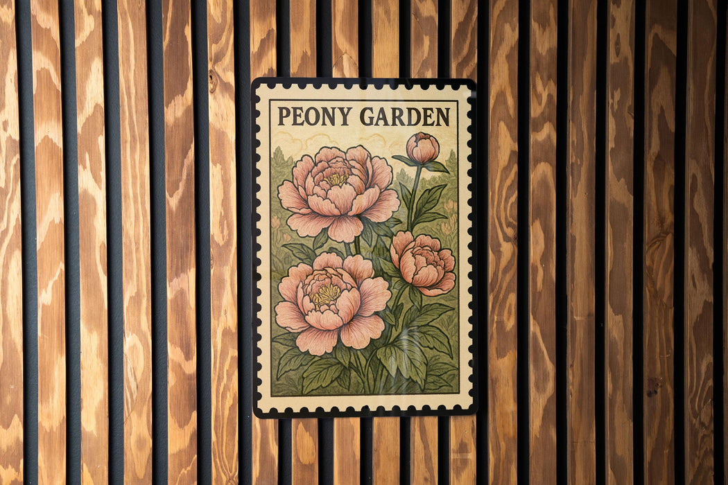 A framed image of a peony flower is displayed on a wooden wall.