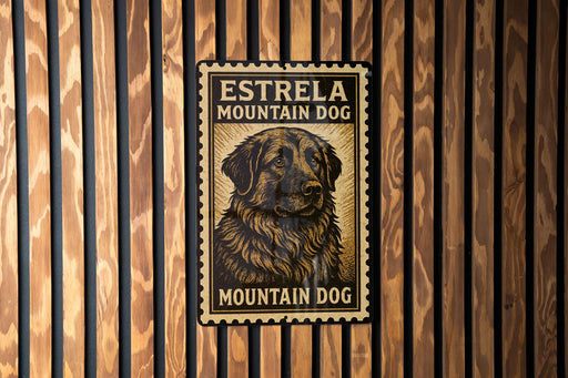 A metal sign with a dog image and text, mounted on a wooden wall.