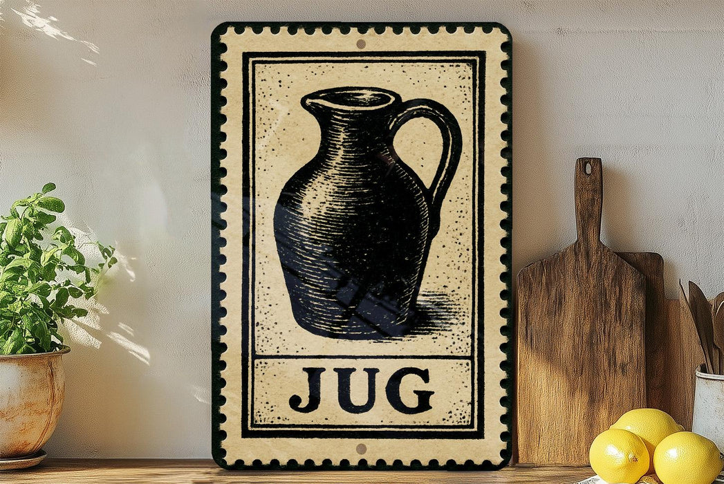 A vintage-style sign with a black and white illustration of a jug, placed on a wooden surface next to a wooden cutting board and a potted plant.
