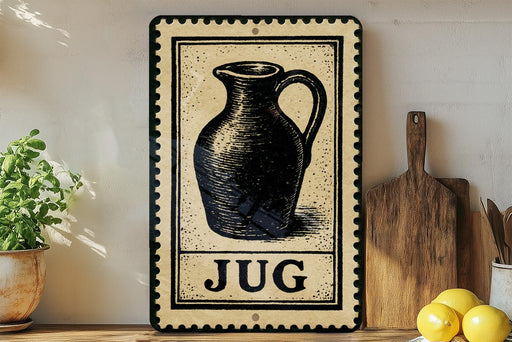 A vintage-style sign with a black and white illustration of a jug, placed on a wooden surface next to a wooden cutting board and a potted plant.
