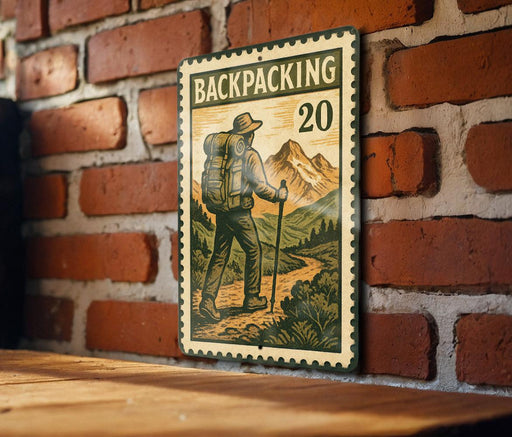 A vintage-style stamp-like sign with a mountain landscape and a hiker, mounted on a brick wall.