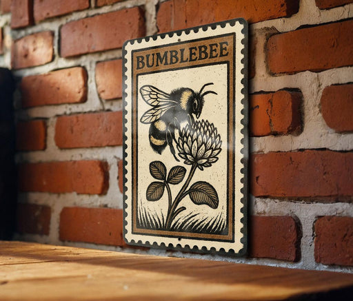 A metal sign featuring a bumblebee on a flower is mounted on a brick wall.
