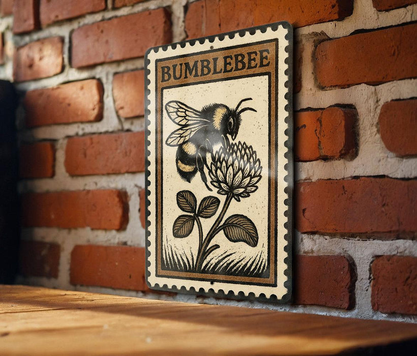 A metal sign featuring a bumblebee on a flower is mounted on a brick wall.