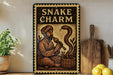 a decorative sign with a man playing a musical instrument next to a large snake.