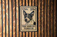A black and white postage stamp featuring a portrait of Teddy Roosevelt Terrier, with the text "USA 20c" printed on it.
