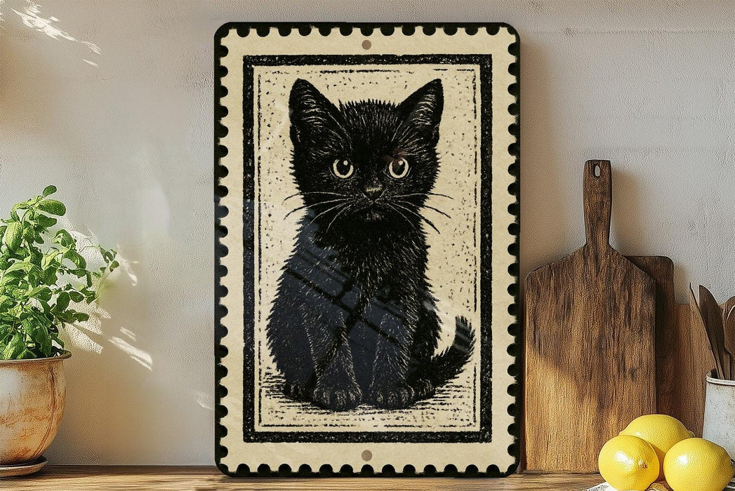 a framed illustration of a black cat sitting on a surface, surrounded by various kitchen items such as a wooden cutting board, a lemon, and a potted plant.