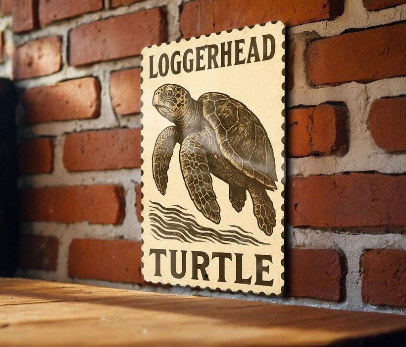 A wooden sign with a turtle illustration is mounted on a brick wall.