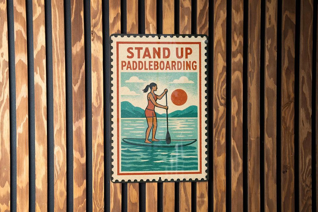 A vintage-style sign with the text "STAND UP PADDLEBOARDING" and an illustration of a woman paddleboarding on a lake.