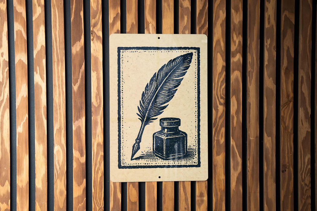 a sign with a feather quill and ink bottle on a wooden background.