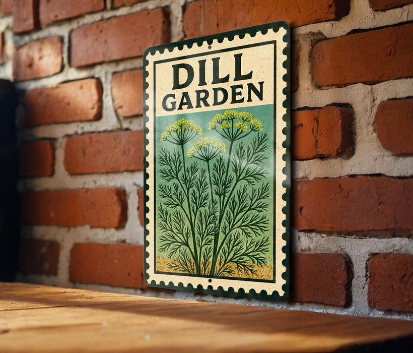 A metal sign with a decorative border hangs on a brick wall, featuring a plant illustration and the text "DILL GARDEN".