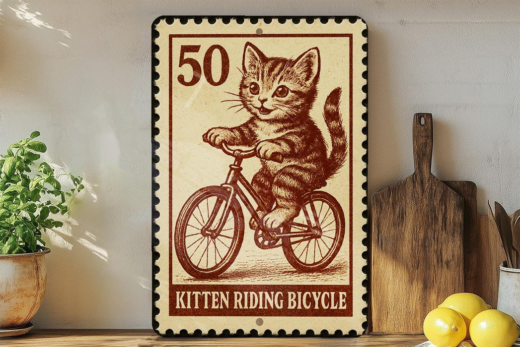 A vintage-style metal sign depicting a kitten riding a bicycle, with the number 50 and the text "Kitten Riding Bicycle" printed on it.