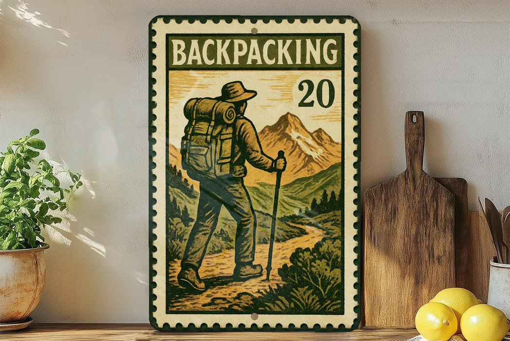 A vintage-style metal sign with a backpacker illustration, featuring a mountain landscape and the text "BACKPACKING 20".