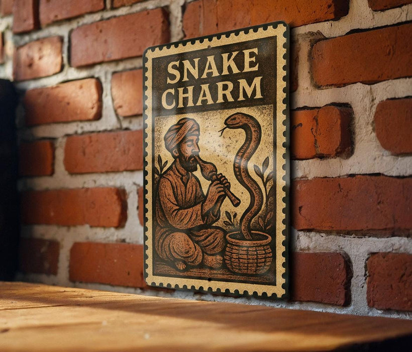 a sign with a snake and a man, mounted on a brick wall.