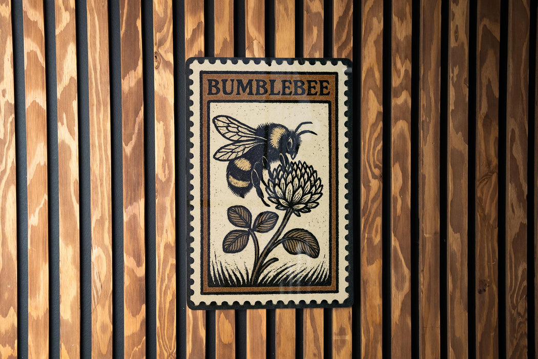 A metal stamp with a bumblebee illustration on it, mounted on a wooden wall.