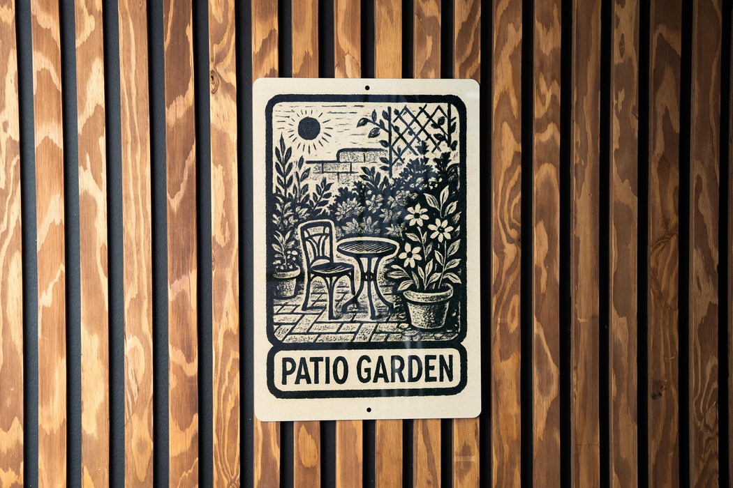 A sign for a patio garden is displayed on a wooden wall.
