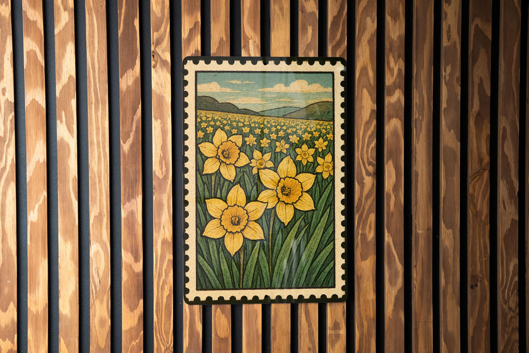 A framed illustration of a field of yellow daffodils is displayed on a wooden wall.