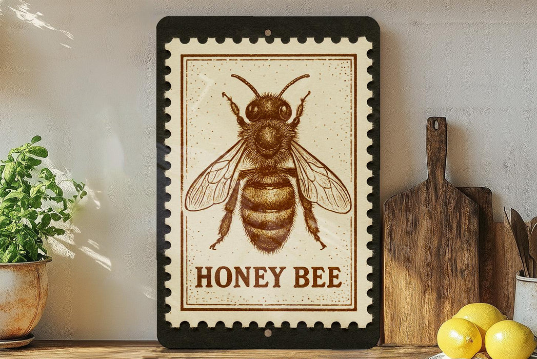 a framed illustration of a bee, specifically a honey bee, on a shelf.