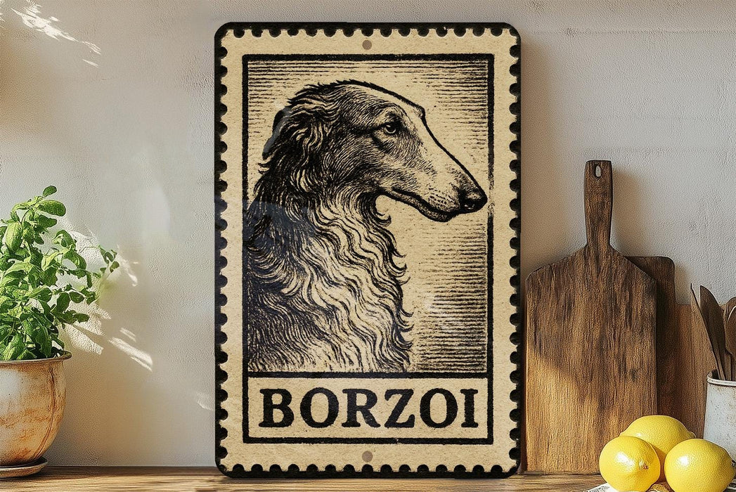 A framed image of a Borzoi dog, a breed of Russian Greyhound, is displayed on a shelf next to a wooden cutting board and some kitchen utensils.