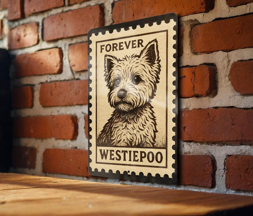 A poster featuring a Westie poo dog on a brick wall, with the text "Forever Westie poo" and "Westie poo" written on it.