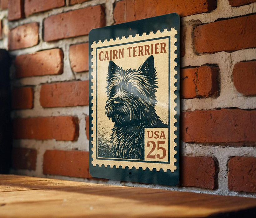 A metal sign featuring a Cairn Terrier dog on a brick wall, with a United States 25-cent stamp design.