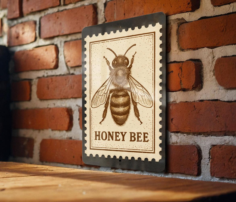 A wooden table with a metal honey bee stamp on it, mounted on a brick wall.