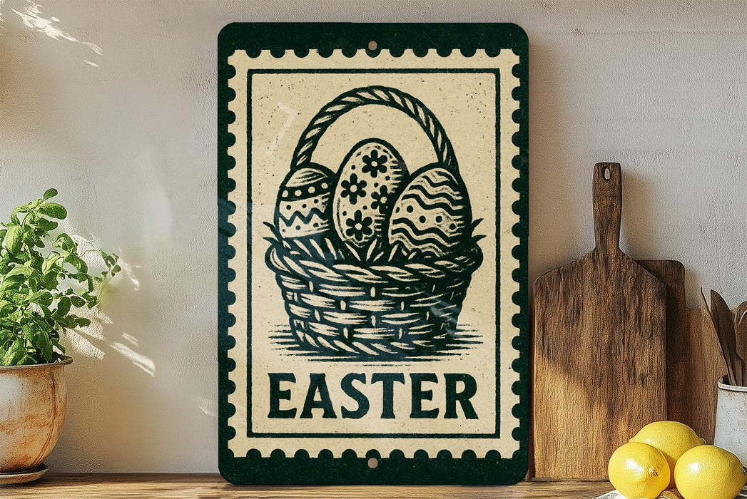 a sign with the word "EASTER" on it, along with a basket of Easter eggs. The sign is placed on a shelf next to a wooden cutting board and a potted plant.